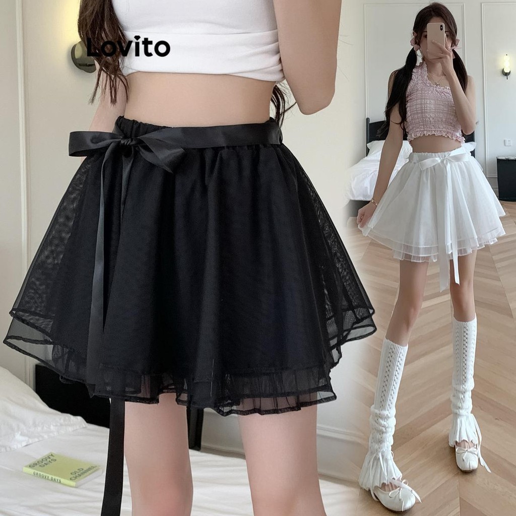Lovito กระโปรงผู้หญิง สีพื้น แต่งโบว์ สไตล์ลำลอง LNA53186