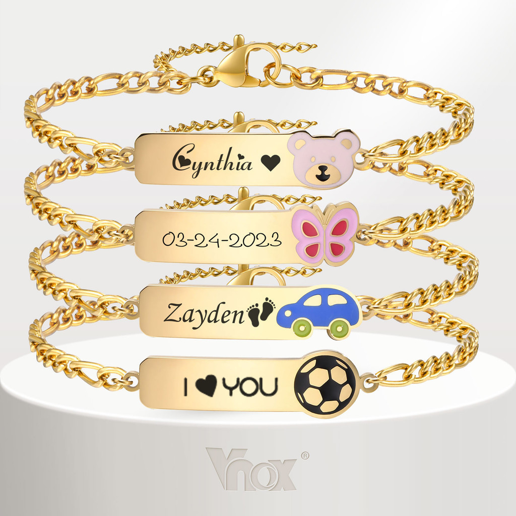 Vnox สร้อยข้อมือแกะสลักชื่อเด็กทารก พร้อมจี้น่ารัก สีทอง 18K เพื่อความปลอดภัย สําหรับเด็กผู้ชาย ผู้หญิง ของขวัญวันเกิด ว