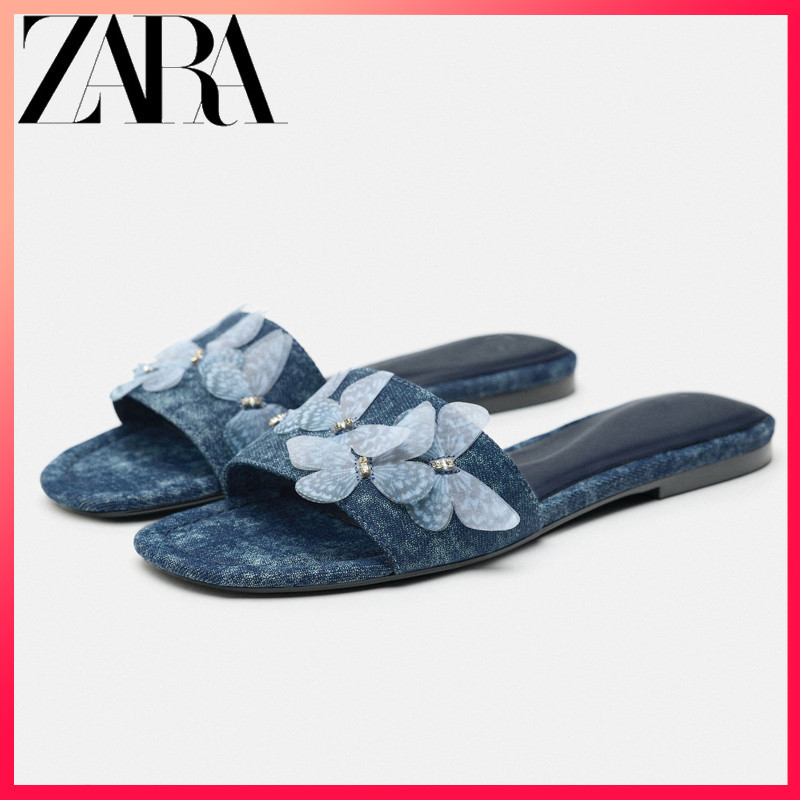 Zara ผลิตภัณฑ์ใหม่ TRF รองเท้าผู้หญิง รองเท้ายีน ผีเสื้อ ตกแต่งรองเท้าแตะ ส้นแบน