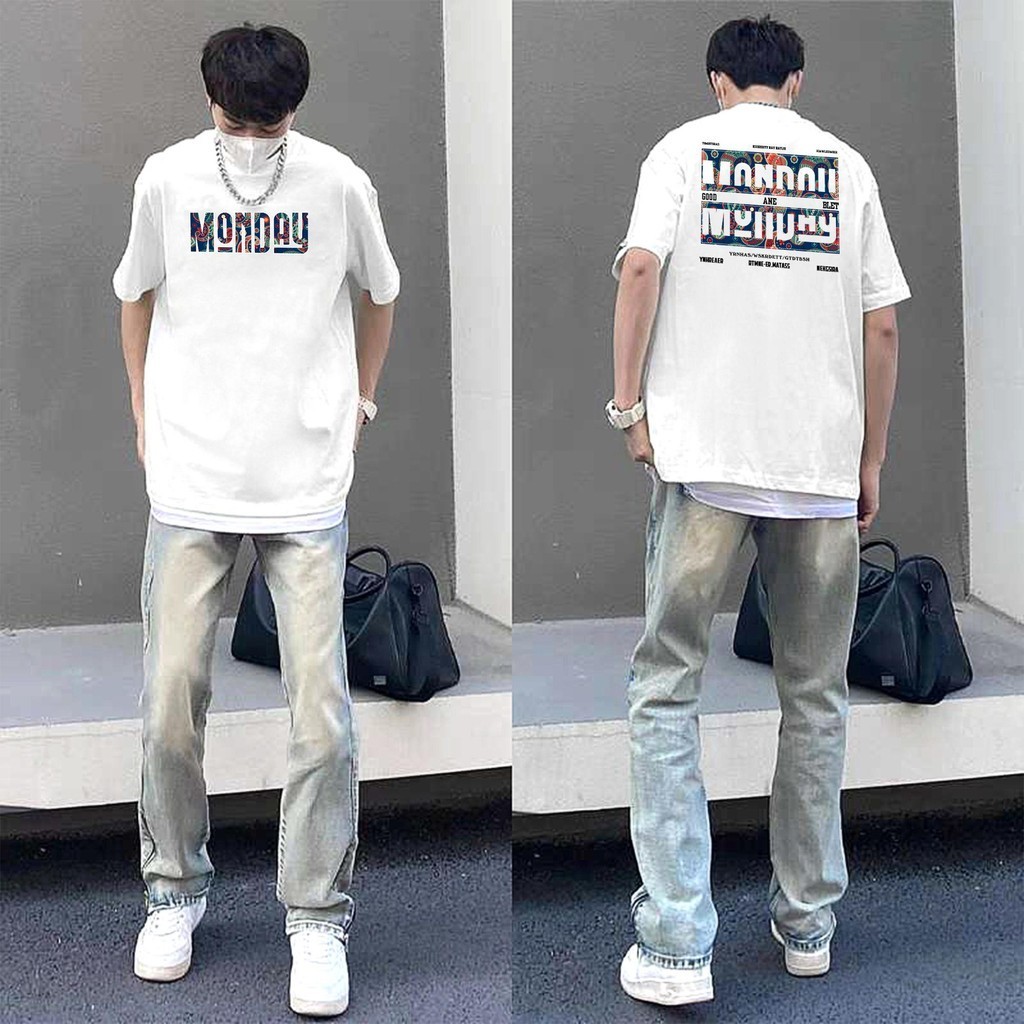Basiใหม่ เสื้อยืดผู้ชาย oversize ผ้าคอตตอน100% นิ่ม ลวดลาย พิเศษMondayสวยๆ คอกลม สีขาวดำ แนววินเทจ