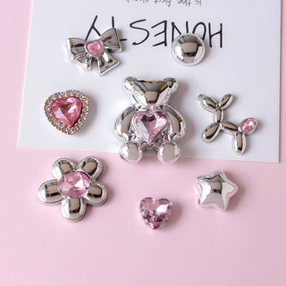 8PCS Electroplated เงินหมี Bubble สุนัขดอกไม้สีชมพู Love เพชรหัวใจ Diy รองเท้าผู้หญิงอุปกรณ์เสริม