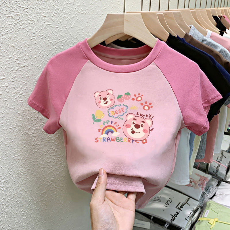 สาวแขนสั้นเสื้อยืดกลางเด็กใหญ่ฤดูใบไม้ผลิฤดูร้อนผ้าฝ้ายแท้การ์ตูน ที เด็กสตรอเบอร์รี่หมีด้านบนฤดูร้อน