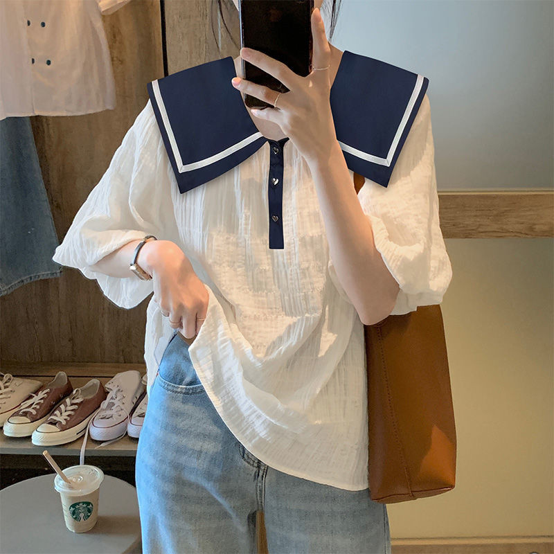ขนาดใหญ ่ พิเศษขนาดอวบสาวกะลาสีเสื ้ อแขนสั ้ นสําหรับผู ้ หญิง 100.00 กก.สีขาว 2022 ใหม ่ สไตล ์ เกาหลีหลวมSlimming Top