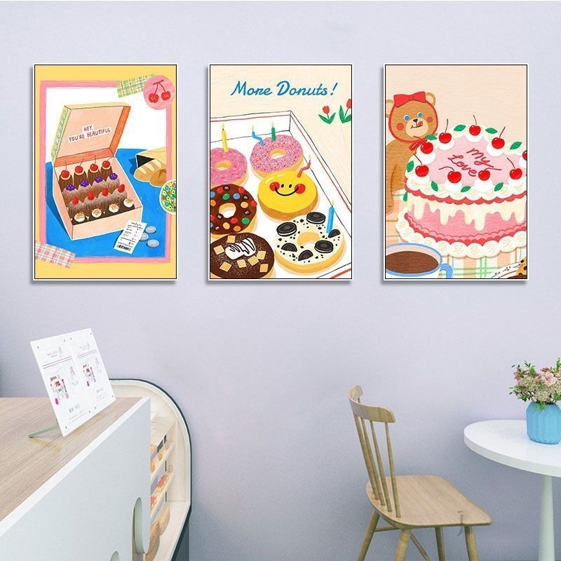 Ins ตกแต ่ งห ้ องนอนภาพวาดขนาดเล ็ กสดเค ้ กขนม Shop แขวนภาพวาดเบเกอรี ่ นมชา Shop ภาพจิตรกรรมฝาผนัง