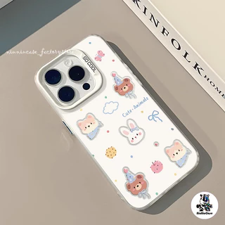 การ์ตูนหมีน้อยกระต่าย เคสโทรศัพท์มือถือ For iPhone 11 12 13 14 15 Pro Max XR X XS 7 8 Plus SE เคซิลิโคนุ่มส สีเงิน เคส