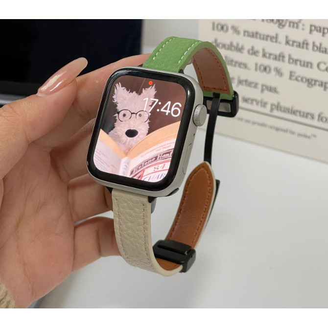 [ ข ้ อเสนอพิเศษ ] เหมาะสําหรับ applewatch9 สาย Apple Watch iwatch1-8se Contrast Color Litchi Pattern Leather Magnetic Strap Thin Strap