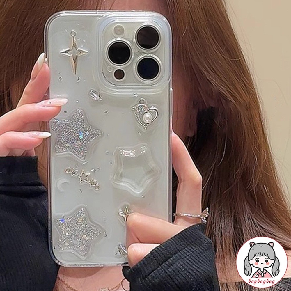 Luxury Diamond Star Love Heart Glitter เคสโทรศัพท์สําหรับ IPhone 11 15 14 13 12 Pro Max X XR Xs Max 8 7 Plus Anti-Fingerprint Drop-proof Soft TPU ฝาหลัง