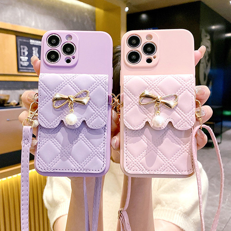 สําหรับ Samsung Galaxy S25 S24 S23 S21 S20 S10 S9 Plus FE Note 8 9 10 20 Ultra Lite เพชรโบว์กระเป๋าสตางค์ผู้ถือ Lanyard สายคล้องนุ่มเคสโทรศัพท์ฝาหลัง