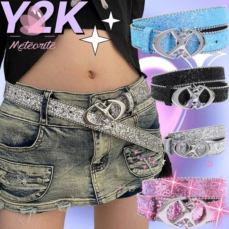 ซื้อ Y2k หนัง PU Rhinestone Star Buckle Belt - Binding Embellished Waistband - Pentagram Retro เจ้าสาวอุปกรณ์ตกแต่ง