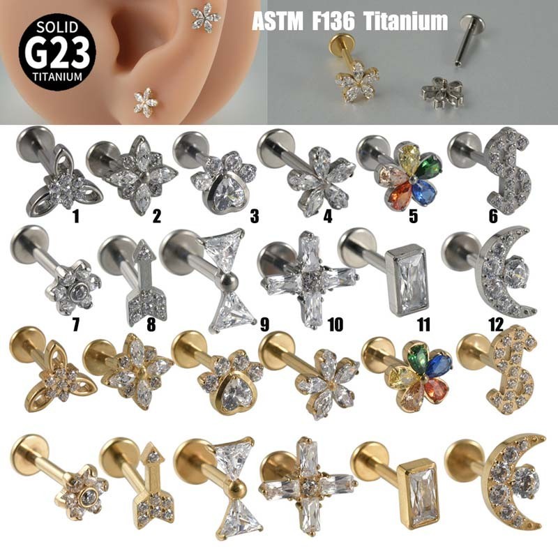 1 ชิ้น G23 ไทเทเนียมเพทายต่างหู Helix Lobe เจาะ 16Gauge Labret Lip Stud สดภายในกระทู้เจาะ Hypoallergenic Allow ดอกไม้รูปลูกศร