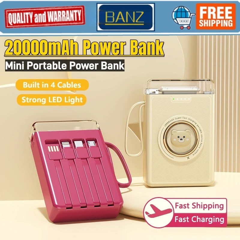 20000mah Power Bank Mini Powerbank แบบพกพา Fast Charger Powerbank พร ้ อมสายชาร ์ จในตัว 4