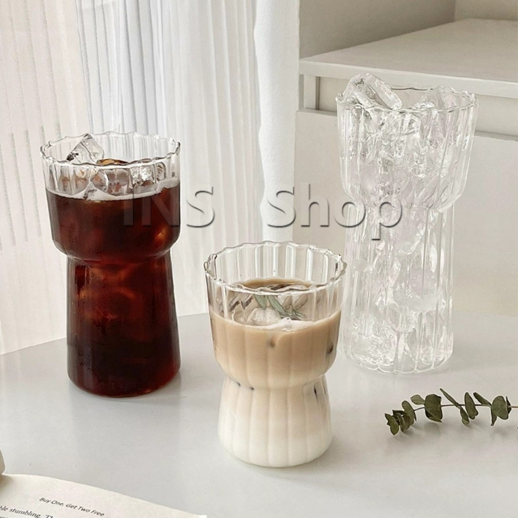 INS แก้ววินเทจ ถ้วยกาแฟลายทางสไตล์ญี่ปุ่น ลายจีบด้านในทั้งใบ  Glass coffee cup