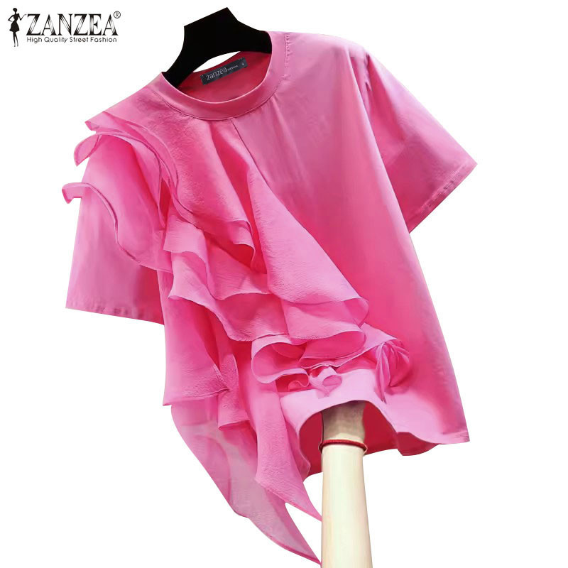 Zanzea ผู ้ หญิงเกาหลีแขนสั ้ นซ ้ อน Patchwork Ruffled เสื ้ อคอกลม