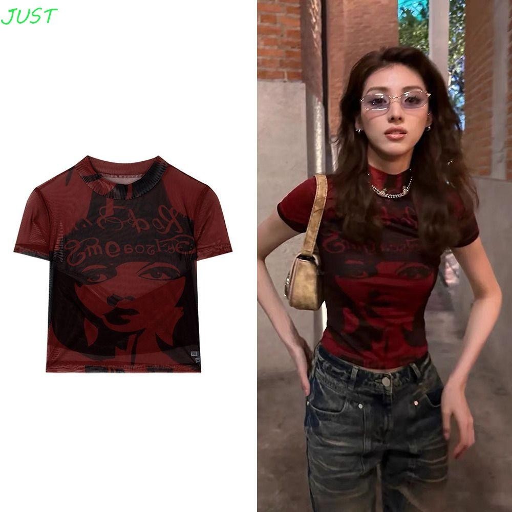 Just Retro Y2k Crop Tops, Slim Ultra Short Umbilical Corset Graphic Print Tank Top, Aesthetic Short Sleeves Womens Clothing Breathable Y2k Short T-shirt Party