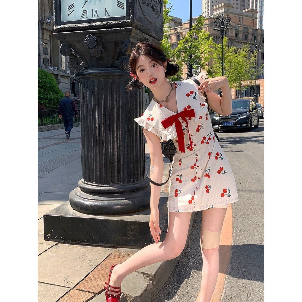 Slim-Fit Slimming Lace SkirtvCollar Korean Style Dress Summer Wine Stain Niche Girl Cherry Design Short New UKK6