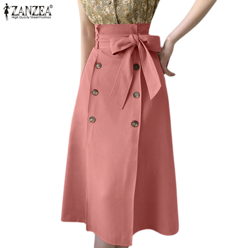 Zanzea ผู ้ หญิงเกาหลีเอวสูงซิปเข ็ มขัด A-Line Simple Overskirts
