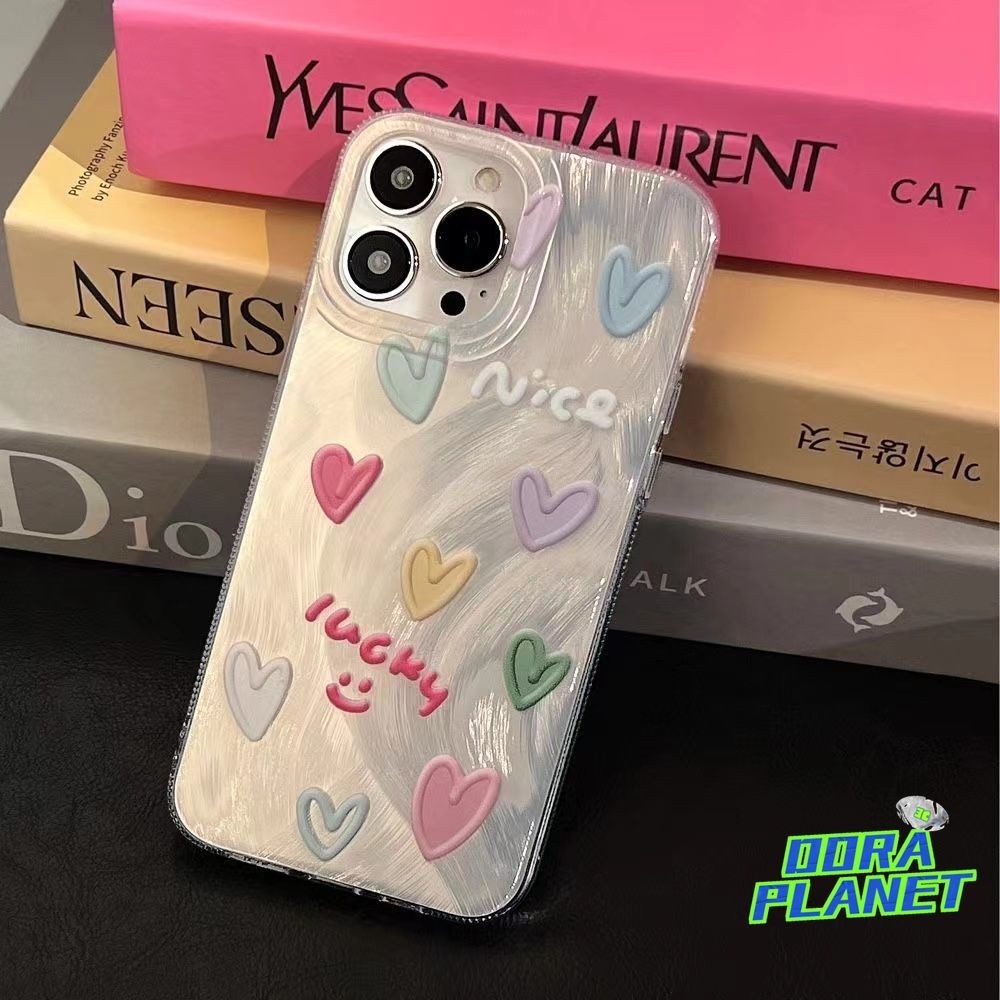 Lucky สีสัน Hearts เคสโทรศัพท์สําหรับ iPhone 15 14promax 13 ใหม่ 12 11 นุ่ม 15plus 7 8 xr xs SE2020 XSMAX 7+ 8+ล่าสุด Anti-Drop Feather เงินสไตล์โทรศัพท์ปกหลัง