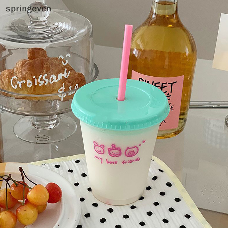 [springeven] Kawaii ถ้วยน้ําพร้อมฝาปิดฟางสําหรับกาแฟน้ําผลไม้นมชาน่ารักขวดน้ําพลาสติกแบบพกพานํากลับมาใช้ใหม่ดื่มขวด BPA ฟรีสต็อกใหม่