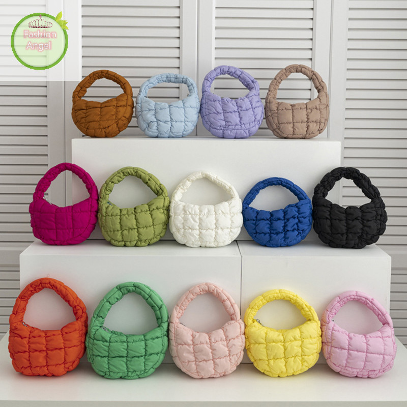 Fashionangel แฟชั่น Mini Puffer Tote กระเป๋า Quilted วงกลมกระเป๋าโทรศัพท์ Elegant สีม่วงไนลอนนุ่มเบาะกระเป๋าแนวโน้มกระเป๋าถือ VN