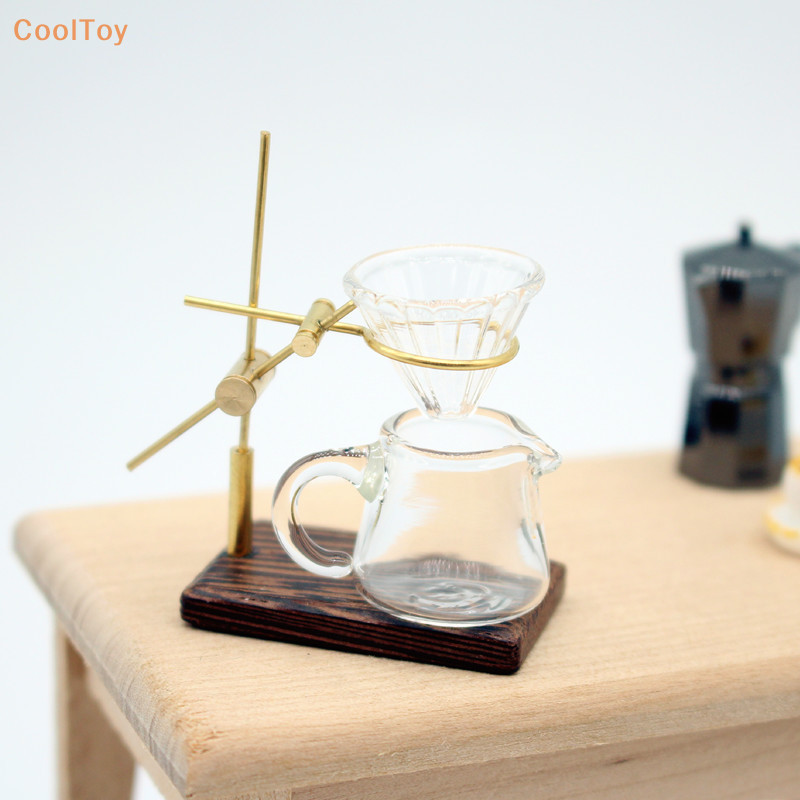 Cooltoy 1 ชุด 1:12 Dollhouse Miniature Hand-brewed กาแฟหม้อแก้วช่องทาง Mini กาแฟขาตั้งเครื่องชงกาแฟถ้วยตกแต่งห้องครัวร้อน