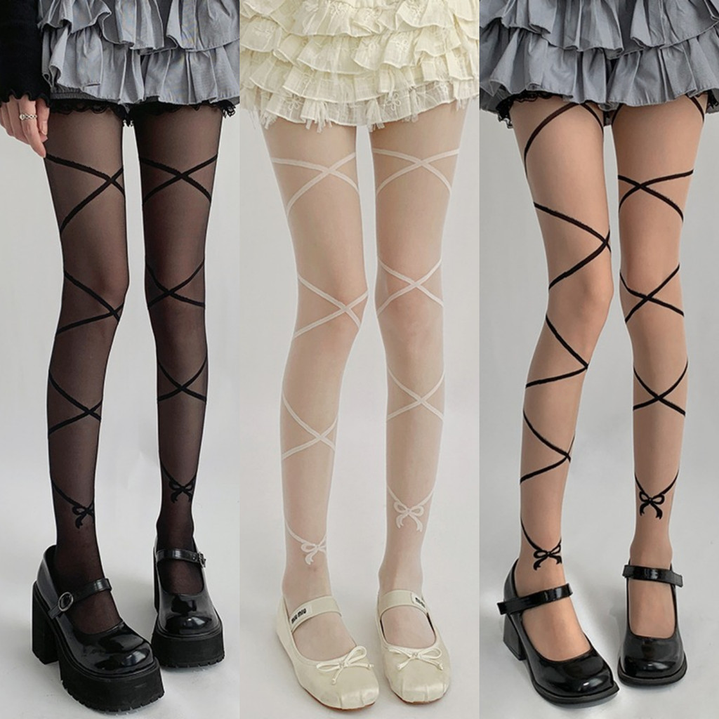 Cross Strap Bow Pantyhose สไตล์บัลเล่ต์หวาน Lolita Jk ถุงน่องสีขาว Ins Trend Thin Bottom Stocking