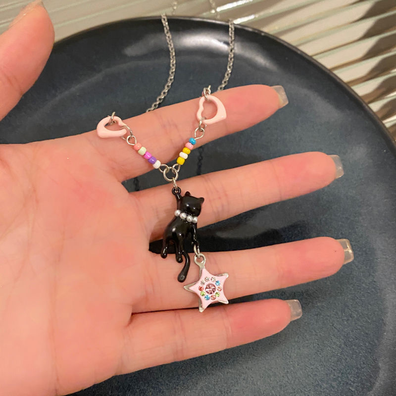 Black Cat Pink Star Dopamine สร้อยคอลูกปัดสร้อยข้อมือน้องสาว Y2k Spice Girl น่ารักอุปกรณ์เสริมอเนกประสงค์ออกแบบโซ่ปกหวาน - รูปที่ 4