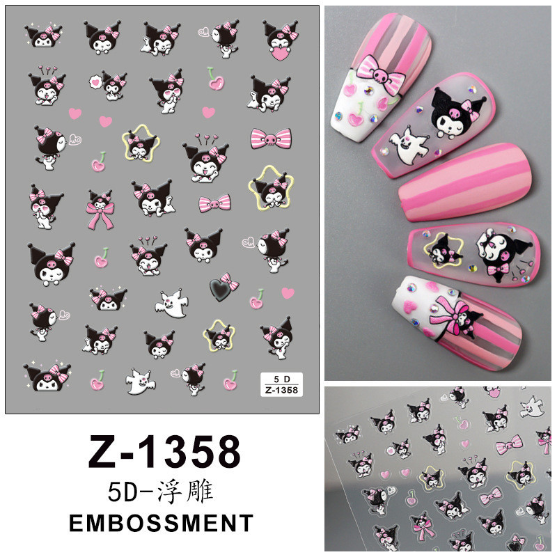 Redanco สไตล์ใหม่ 5D นูนการ์ตูน Kuromi สติกเกอร์แต่งเล็บสามมิติกาวเล็บ Decal เครื่องประดับขายส่ง