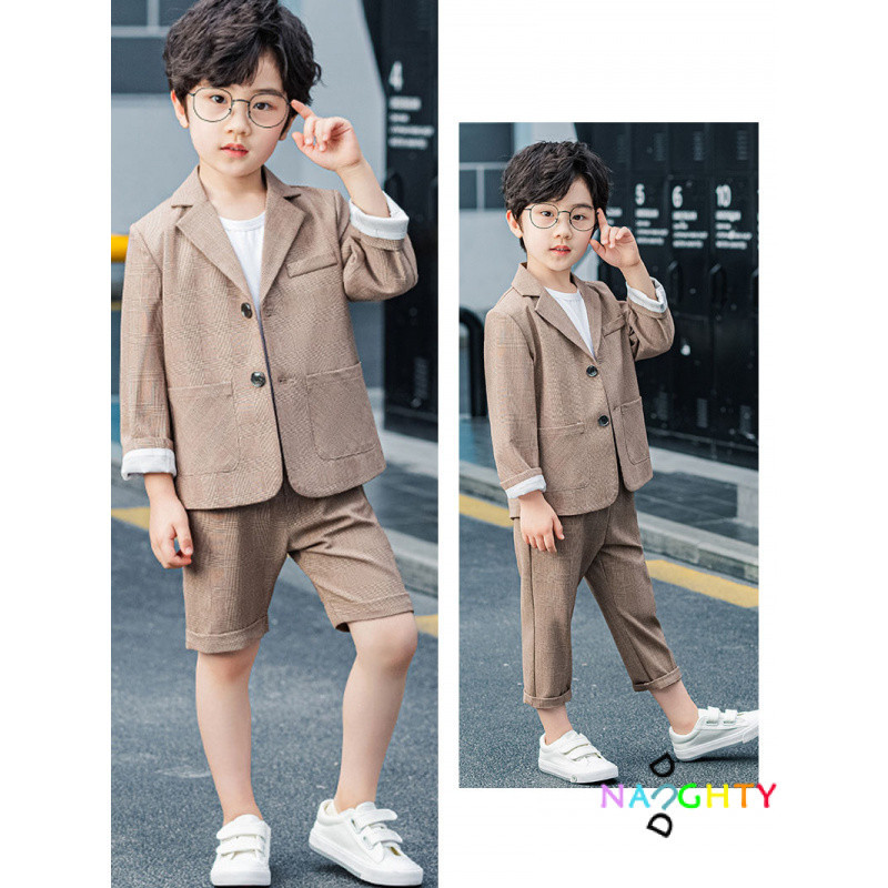 1-14 ปีเด ็ กชายสีกากี เสื้อสูทแฟชั่น + กางเกงขาสั ้ นชุดเด ็ กชุดเครื ่ องแต ่ งกาย
