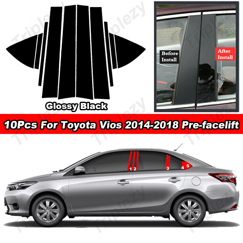 สําหรับ Toyota Vios NCP150 NCP151 2014-2018 Pre-facelift 10 ชิ้น Glossy Paino สีดําประตูด้านข้างเสาโพสต์หน้าต่าง Moulding Trim คาร์บอนไฟเบอร์ตกแต่งสติกเกอร์อุปกรณ์เสริม