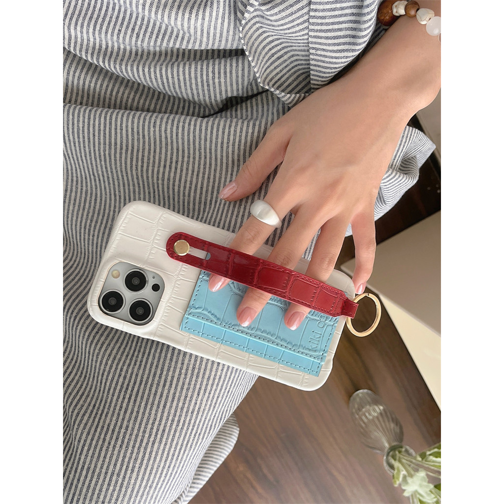 Macaron สี + สายรัดข้อมือ + กระเป๋าการ์ดสําหรับ iPhone 16 15 14 12 13 Pro Max เคส iPhone ป้องกัน anti-drop ฝาหลังกรณี - รูปที่ 4