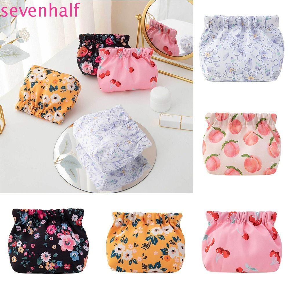 กระเป๋าเครื่องสําอาง SEVENHALF, Flower Cherry Storage Bag, Small Item Bag Self-closing Peach Cute Pattern Printing Coin Purse Women