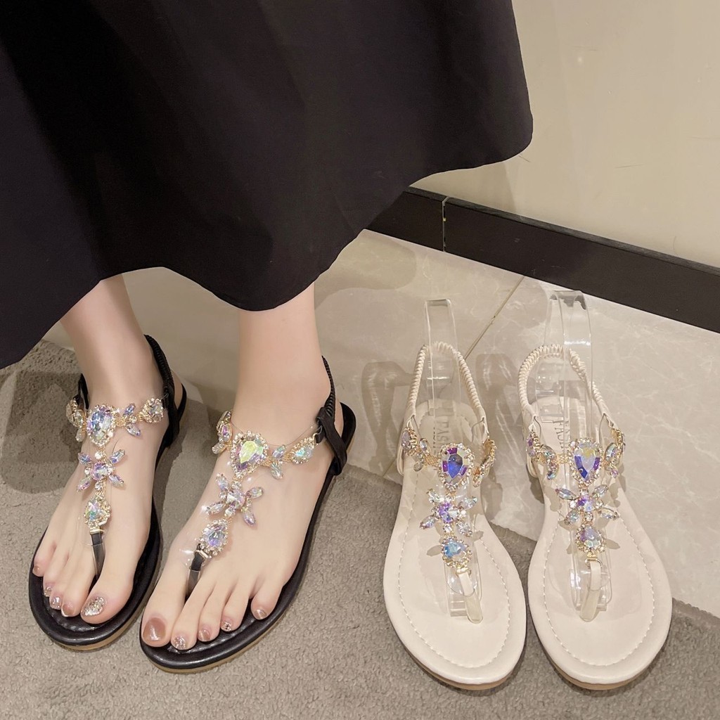 <Large Size 36-43>รองเท้าแตะส้นแบนผู้หญิงสไตล์เกาหลีพร้อม Rhinestone Ladies Travel Black Rounded-toe Flip Flops