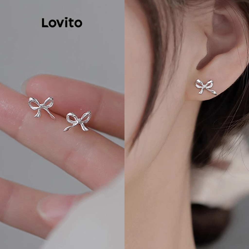 Lovito ต่างหูผู้หญิง รูปโบว์ สีเรียบ สไตล์ลำลอง LFA36070