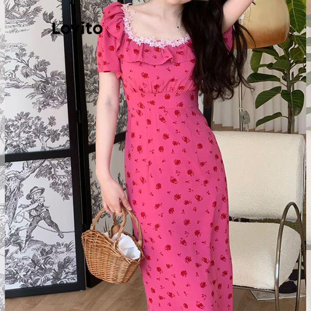 Lovito ชุดเดรสผู้หญิง แต่งระบาย ลูกไม้ ลายดอกไม้ สไตล์ลำลอง LNA49164