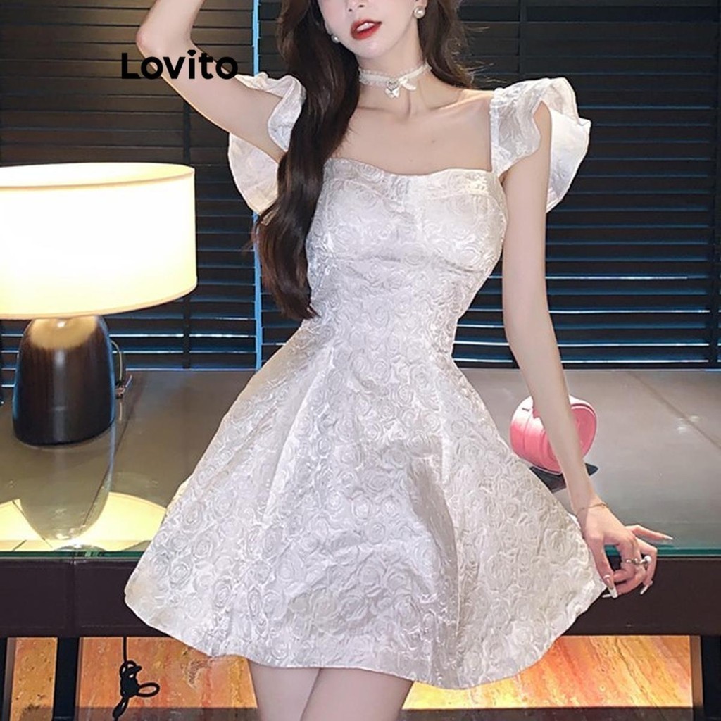 Lovito ชุดเดรสผู้หญิง ผ้าแจ็คการ์ด แต่งระบาย สีพื้น สไตล์ลำลอง LNE54440