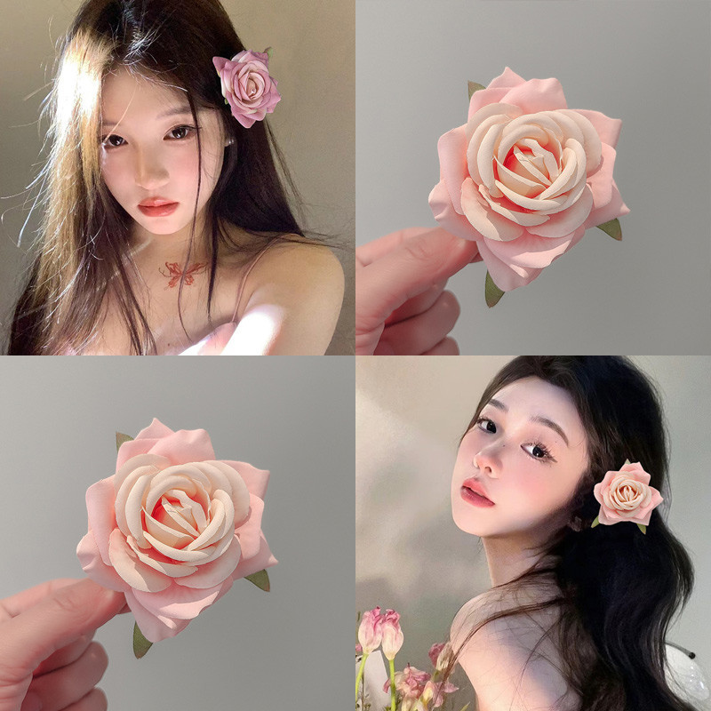 จําลอง Rose กิ๊บติดผม วันหยุดภาพ Fringe ด้านข้างคลิป 2024 ใหม่แฟชั่นดอกไม้อุปกรณ์เสริมผมผู้หญิง