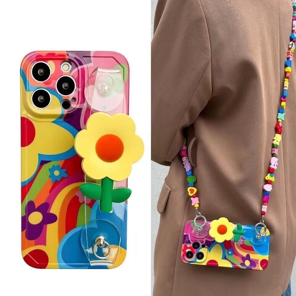 เคสโทรศัพท์ดอกไม้กราฟฟิตี้สีสันสดใสพร้อมสายรัดข้อมือสําหรับ Iphone14 13 16 15 promax นุ่มและน่ารัก