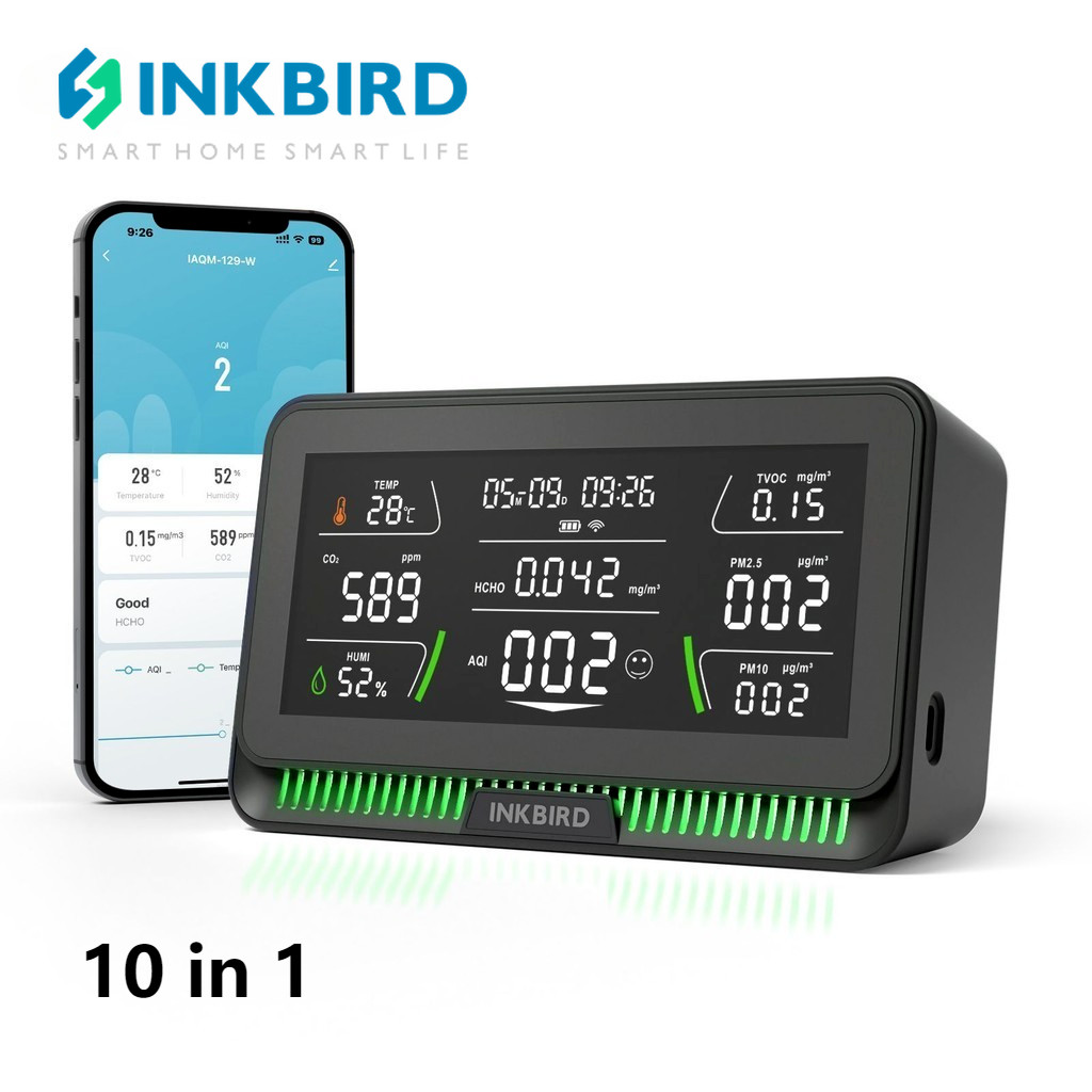 Inkbird IAQM-129-W Air คุณภาพเมตร WiFi 10-in-1 CO2 ความชื้นอุณหภูมิ AQI Monitor PM2.5 PM10 HCHO TVOC เครื่องตรวจจับเครื่องทดสอบ