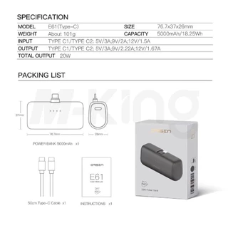 [พร้อมส่ง ส่งด่วน ] Orsen Eloop รุ่น E61 แบตสำรอง ไม่ต้องพกสาย ชาร์จเร็ว 5000mAh 20W Power Bank