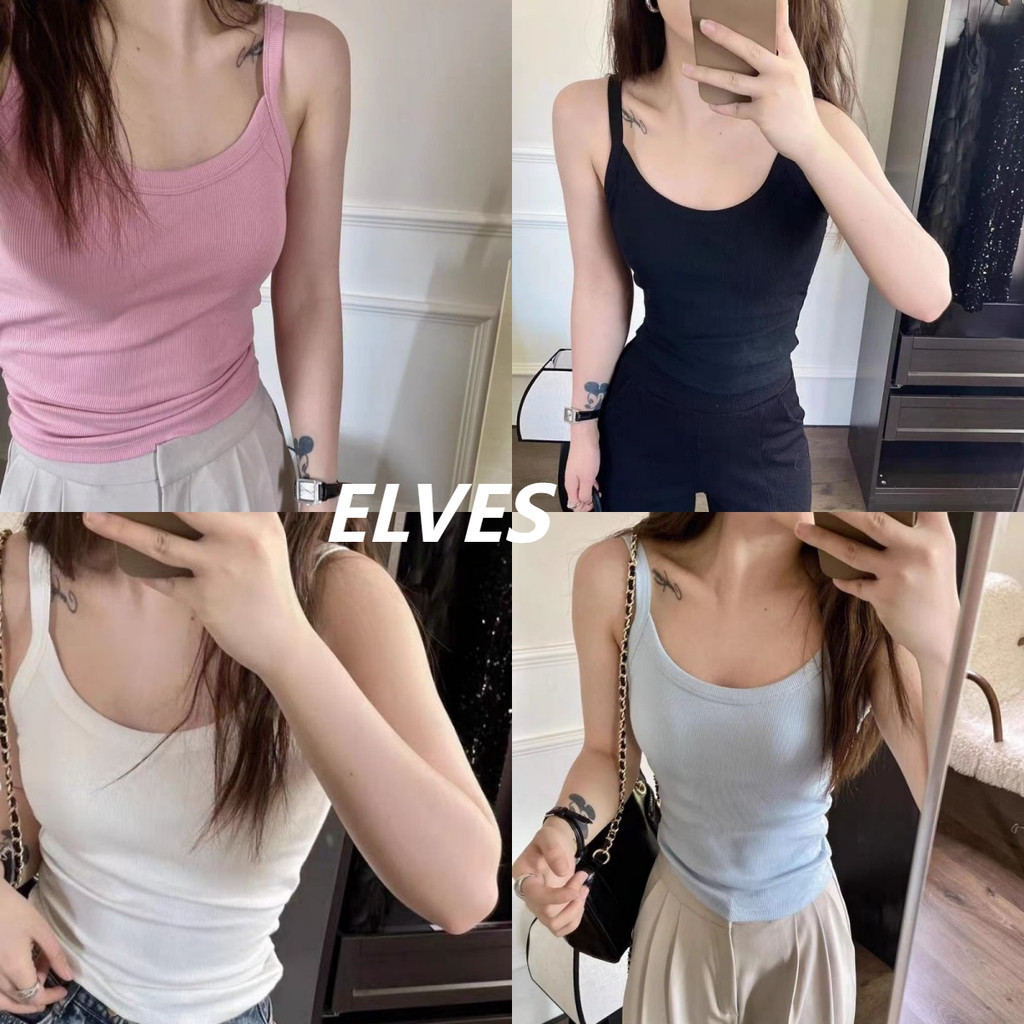 Elves พร้อมส่ง เสื้อสายเดี่ยวสีพื้น มีฟองน้ำสีพาสเทล ~FY1019~ -H