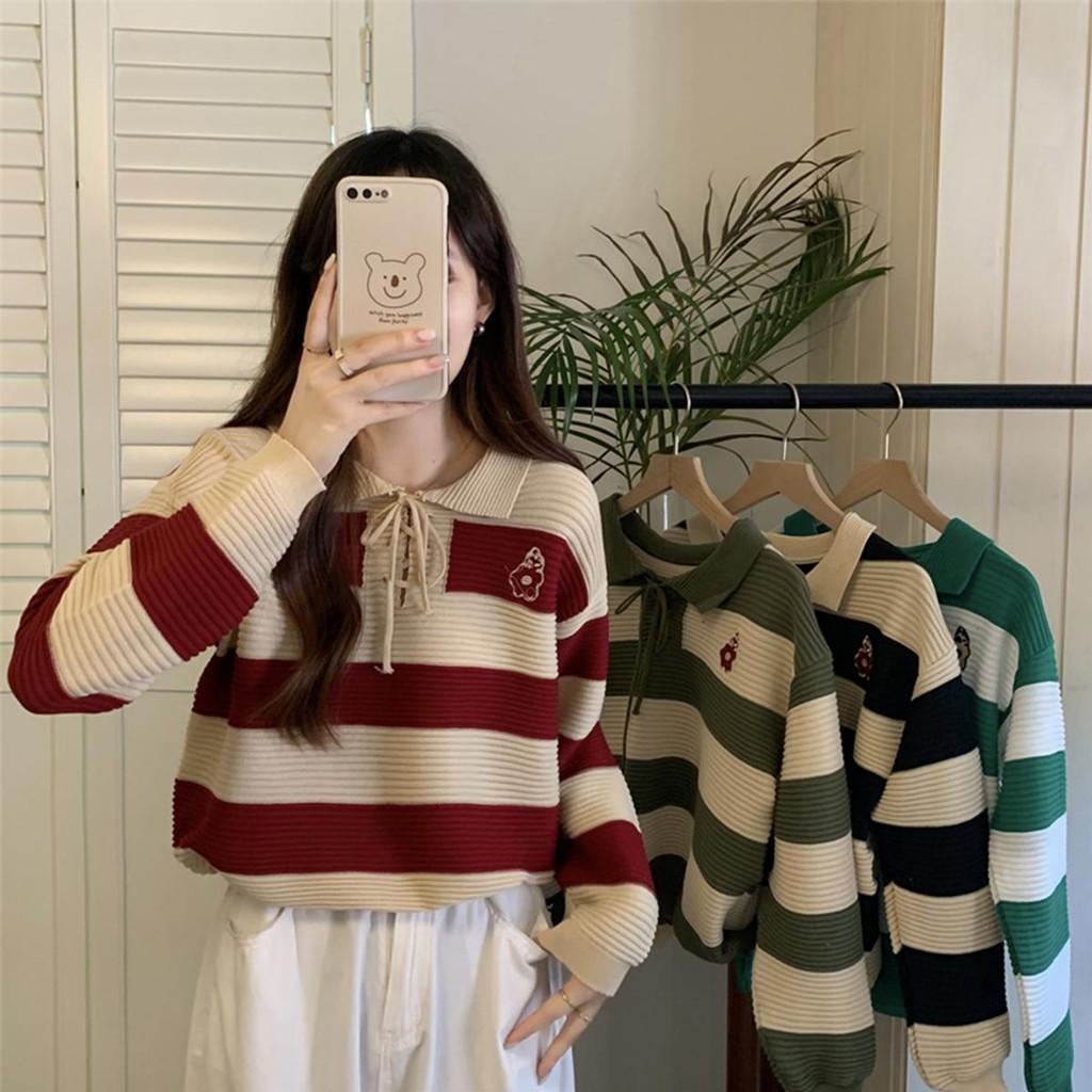 LuneGraceเสื้อไหมพรมแขนยาวลายทาง คอปกปักลายเชือกผูกโบว์