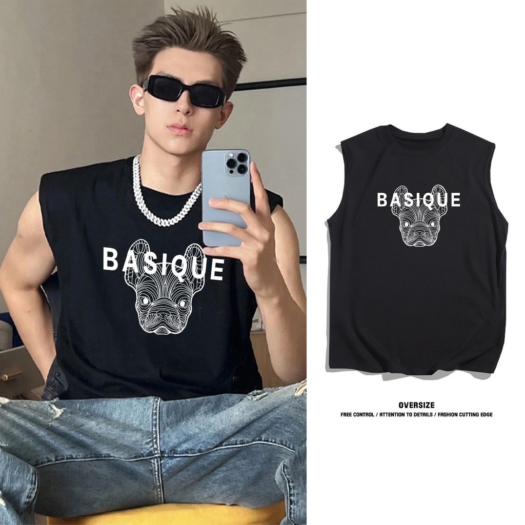 Y-T เสื้อกั๊กผู้ชาย ผ้าฝ้าย 100% เสื้อแขนกุด ฮิปฮอป สวมใส่สบาย พิมพ์ลาย "DOG BASIQUE" [จัดส่งจากไทย] S-4XL