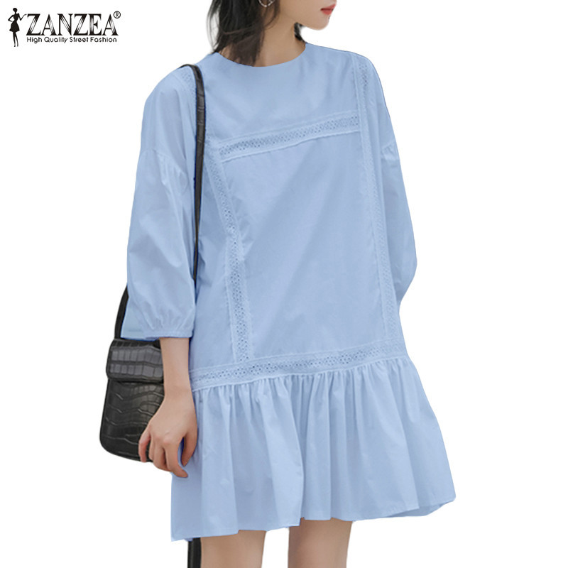 ZANZEA ซานเซีย ผู้หญิงเกาหลีลําลองคอกลมสีทึบ3/4ชุดเดรสแขน