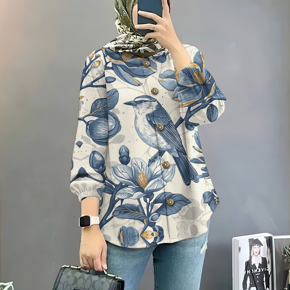 Baju Raya เสื้อมุสลิม magpie พิมพ์มุสลิมเสื้อแขนยาว Baju Raya มุสลิม O-คอ raily เสื้อยืดมุสลิมขนาดให