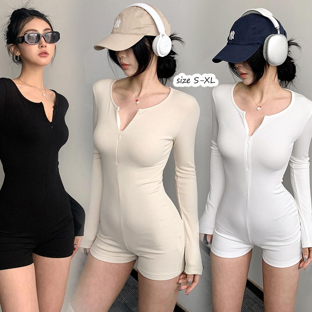 mimi&didi#เสื้อบอดี้สูทแขนยาวสีดำผู้หญิ ชุดจั๊มสูทกกำลังกาย มีซิปด้านหน้าทรงเข้ารูป ชุดโยคะ เนื้อผ้ากระชับยืดหยุ่น#2683