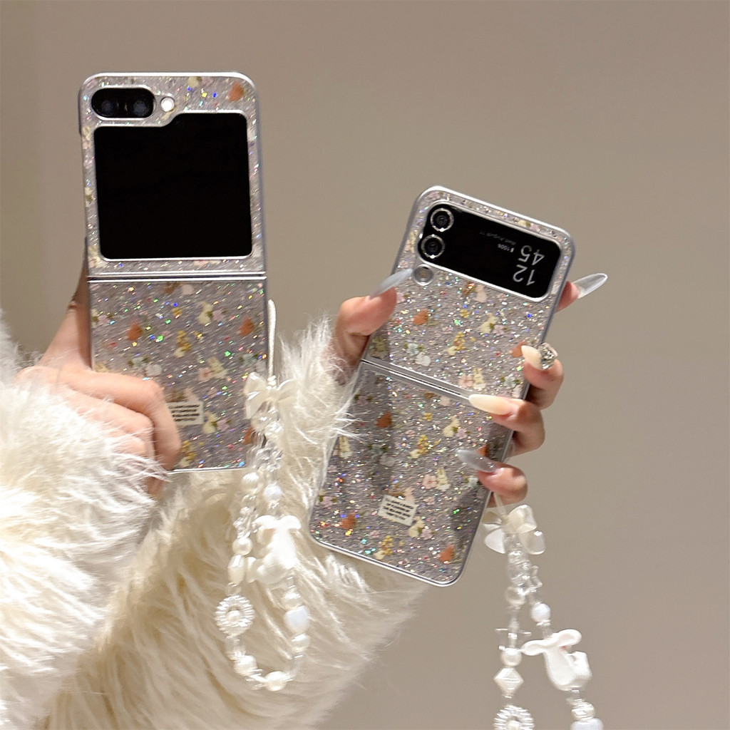 น่ารัก Glitter ดอกไม้กระต่ายกระต่ายเคสโทรศัพท์โบว์สร้อยข้อมือสําหรับ Samsung Galaxy Z Flip 5 6 Z Flip6 ZFlip 5 Zflip6 Zflip5 กันกระแทกปกหลัง