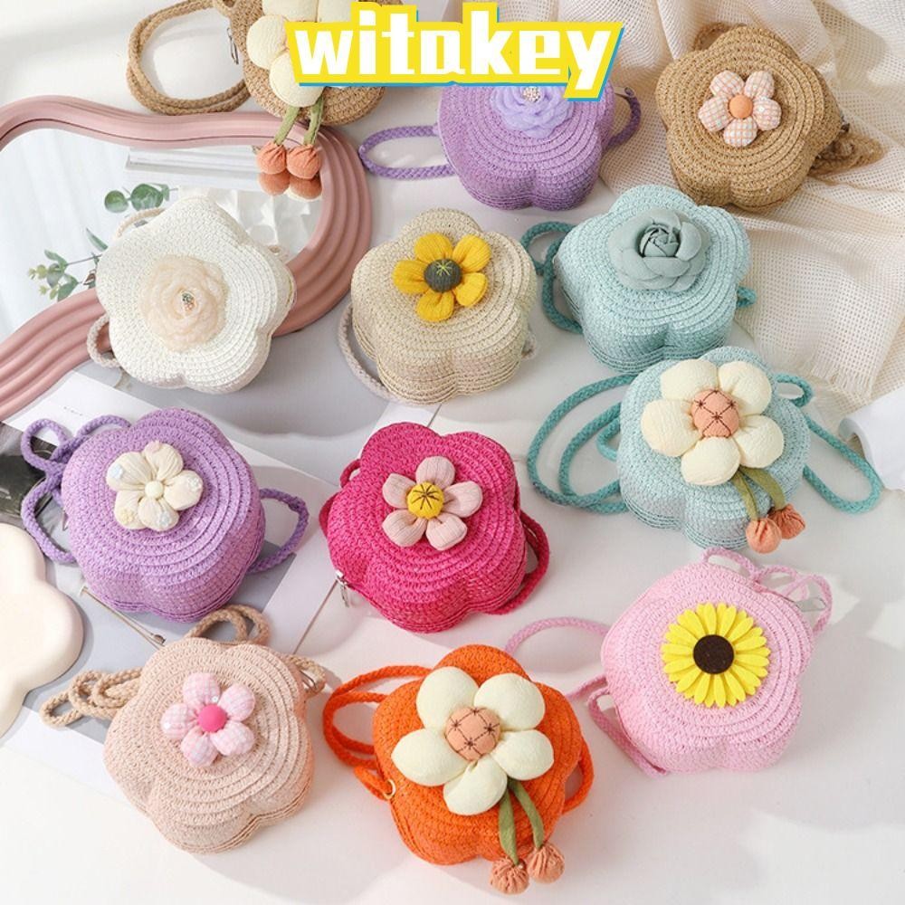 Witakey กระเป๋าสะพาย, กระเป๋าสะพายข้างฟางดอกไม้, กระเป๋าใส่เหรียญทอทนทานเด็กผู้หญิง