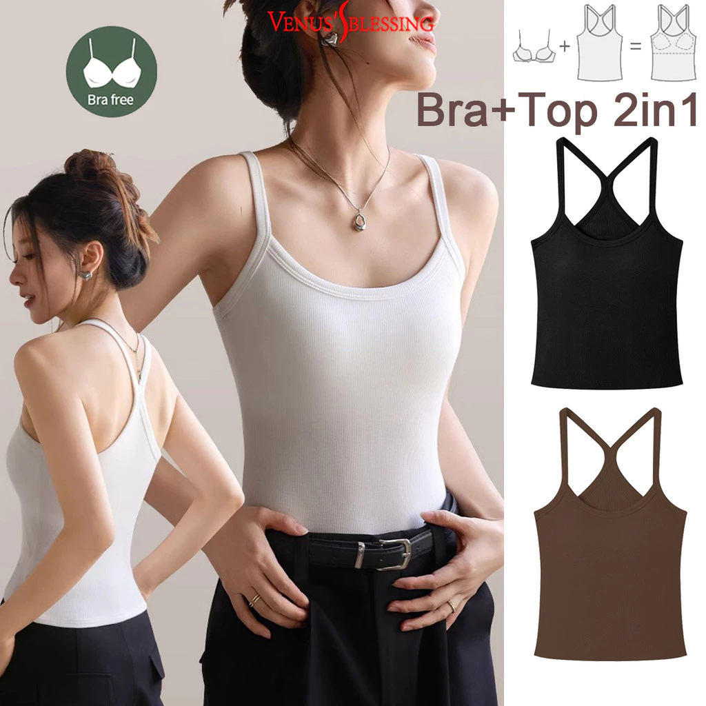 2 IN1 Bra-Top Y-shape Beauty-back Off-the-shoulder Top ผู้หญิงเต้านม Pad Bra + Top 2in1 Ribbed เสื้อกั๊ก Top