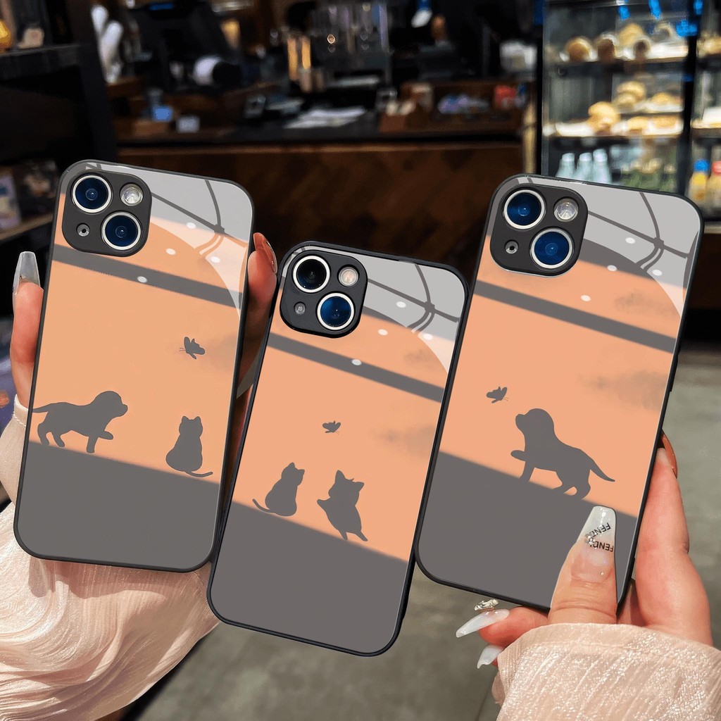 สุนัข, แมวและผีเสื้อเล่น ball glass สําหรับ iPhone 16 15 14 13 12 11 8 7 6 6s 6p 7p 8p 6g 7g 8g Pro 