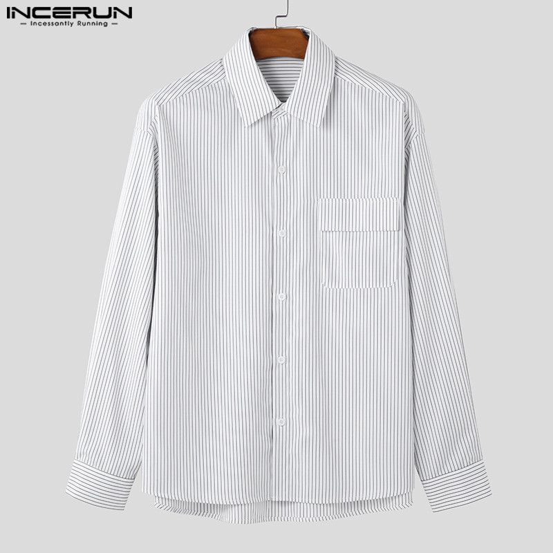 Incerun ผู้ชายเกาหลี Commute Casual Turn-Down-Collar เสื้อแขนยาวลายทาง ราคา ถูกที่สุด ดีลบีเคเค แกลเลอรีภาพที่ 7